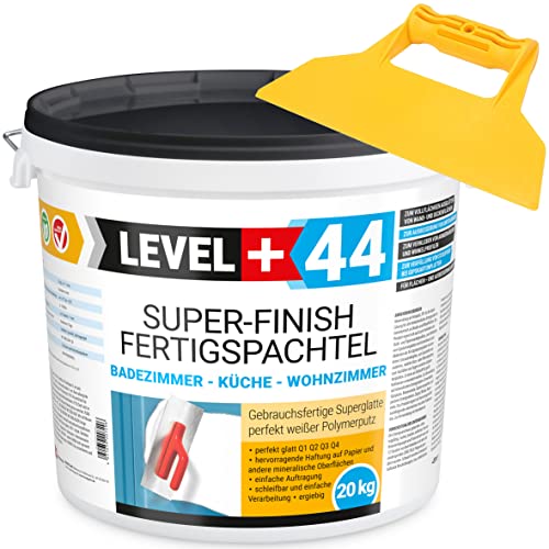 Super Finish Fertigspachtel Q1-Q4 Spachtelmasse 20kg Perfekt Glatt Weiß Innenbereich + Kunststoffspachtel ohne Zahnung Set RM44 von LEVEL+