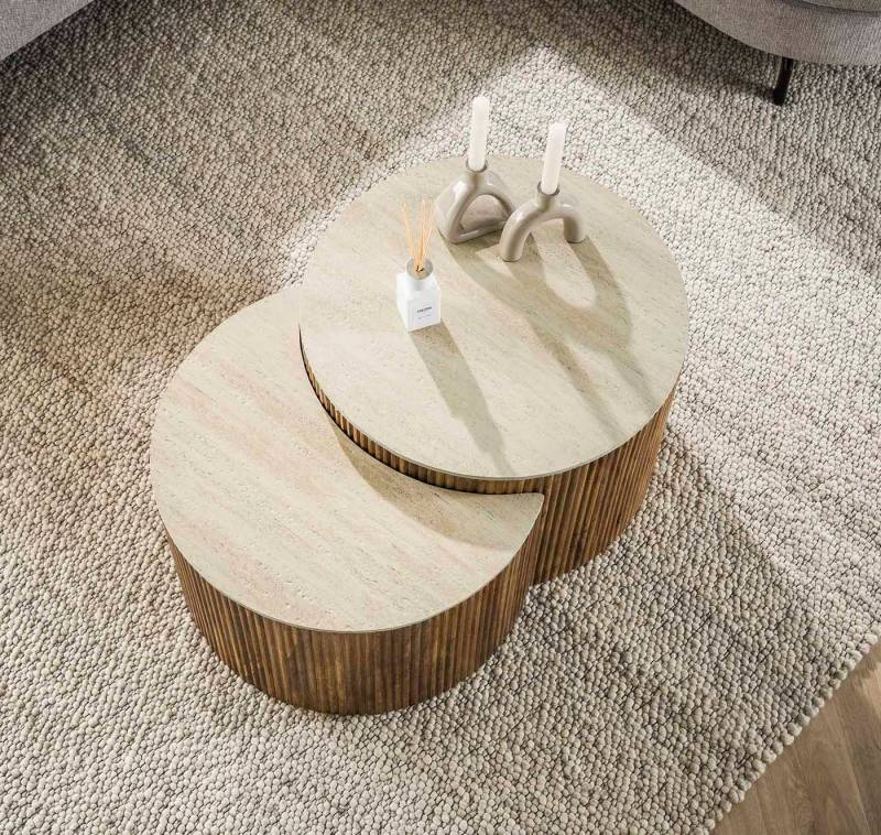 LEVEN Lifestyle Couchtisch 2´er Set Couchtisch rund ZEN STONE Travertin natur (2´er Set), Tischplatte ist aus hochwertiger Keramik in Travertin-Optik gefertigt von LEVEN Lifestyle