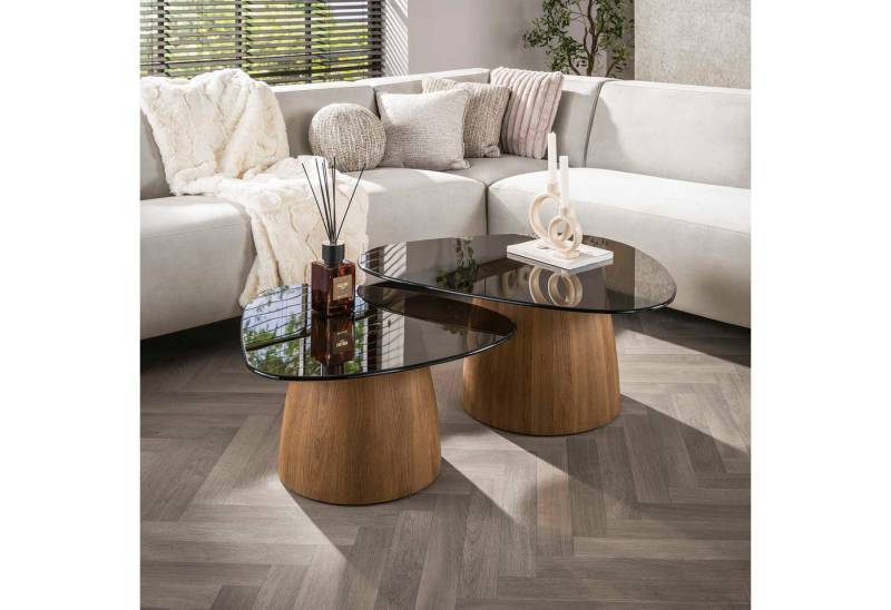 LEVEN Lifestyle Couchtisch 2 tlg. Wohnzimmertisch KANSO abgerundete Dreiecksform mit Glasplatte (2´er Set), Tischplatten aus gehärtetem, braunem Rauchglas von LEVEN Lifestyle