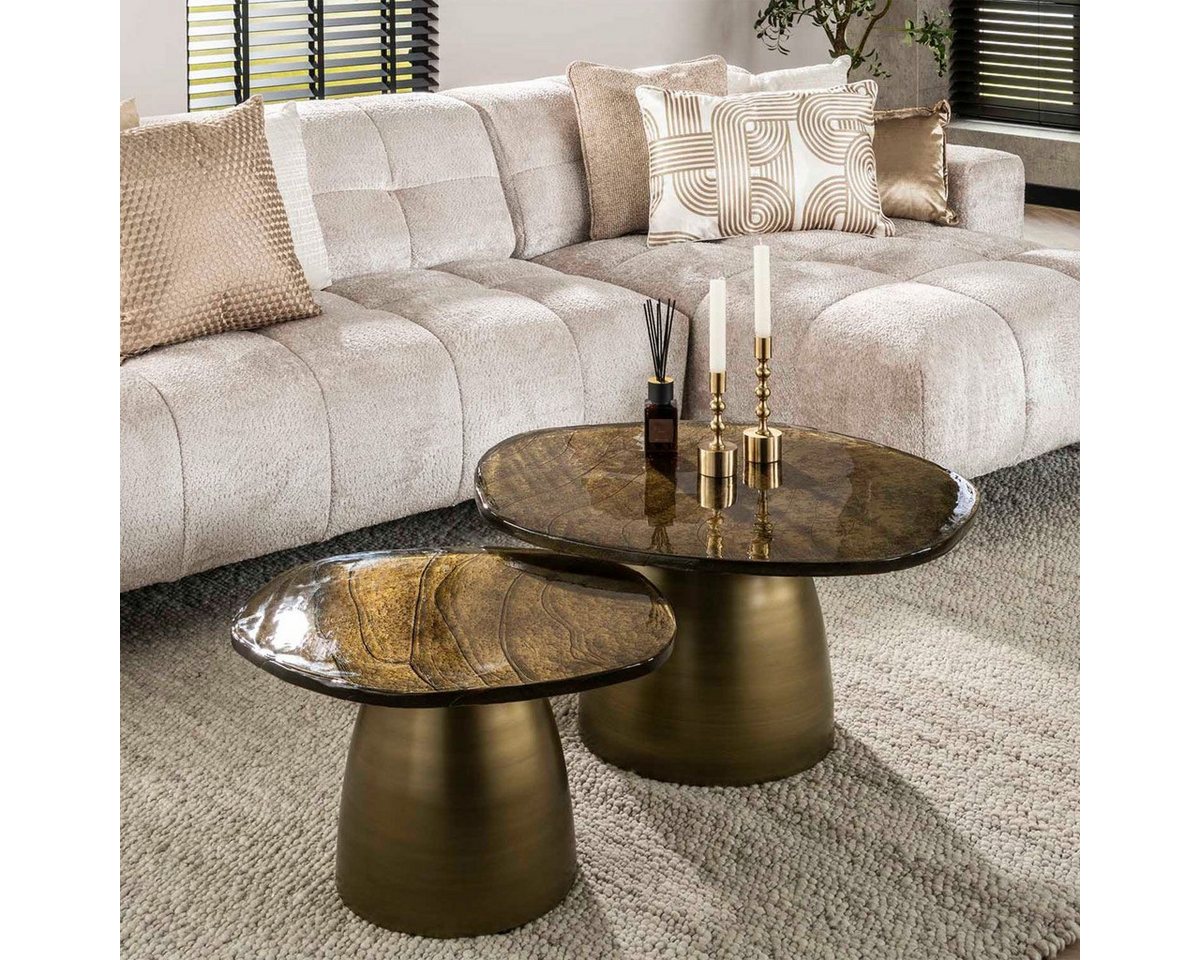 LEVEN Lifestyle Couchtisch 2er Set VENEZIA Metall Glas Gold antik Finish (2´er Set), Tischplatte aus traditionell gezogenen hochwertigem Glas von LEVEN Lifestyle