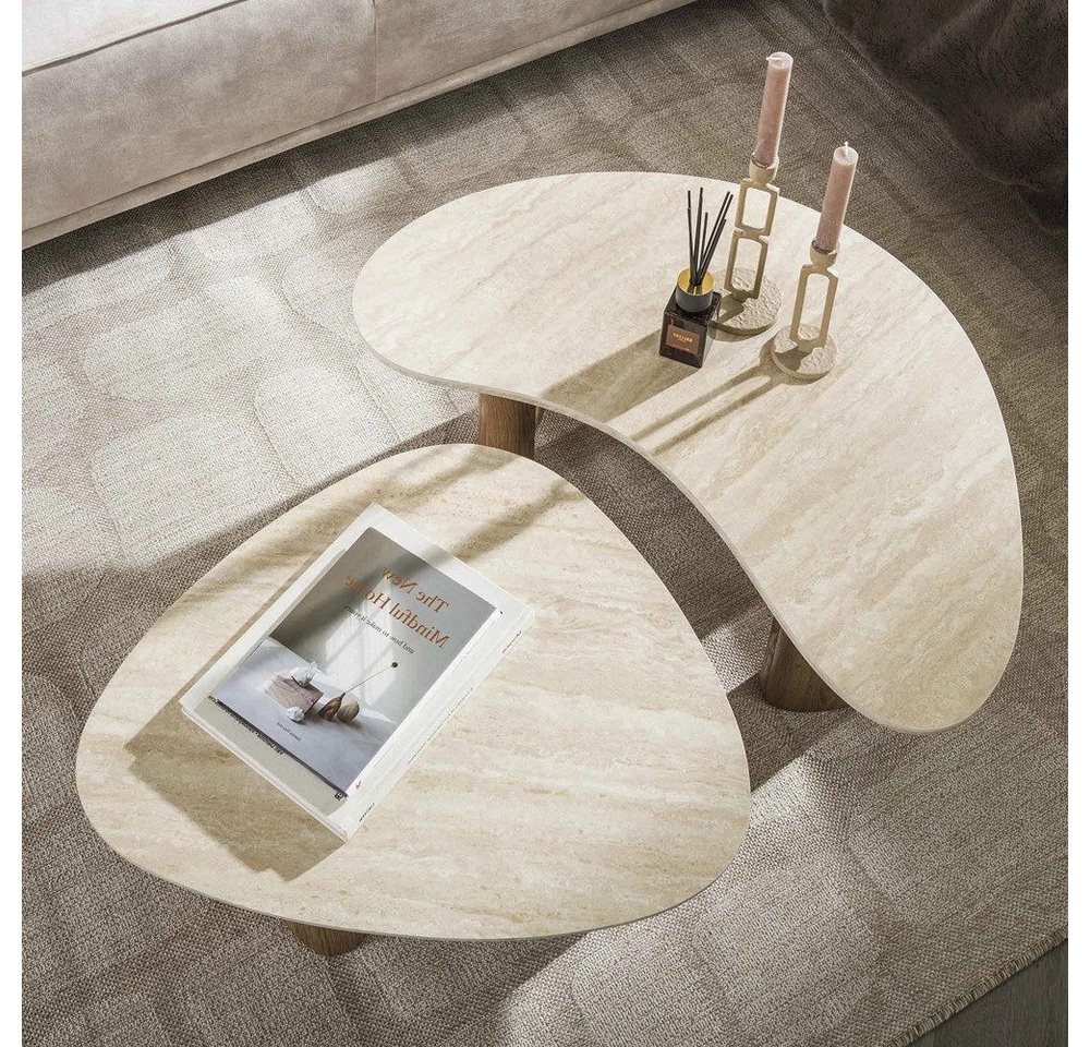 LEVEN Lifestyle Couchtisch TerraVita 2´er Set organische Form Tischplatte Travertin Optik (2´er Set), Tischplatte Travertin Optik aus hochwertiger Keramik von LEVEN Lifestyle