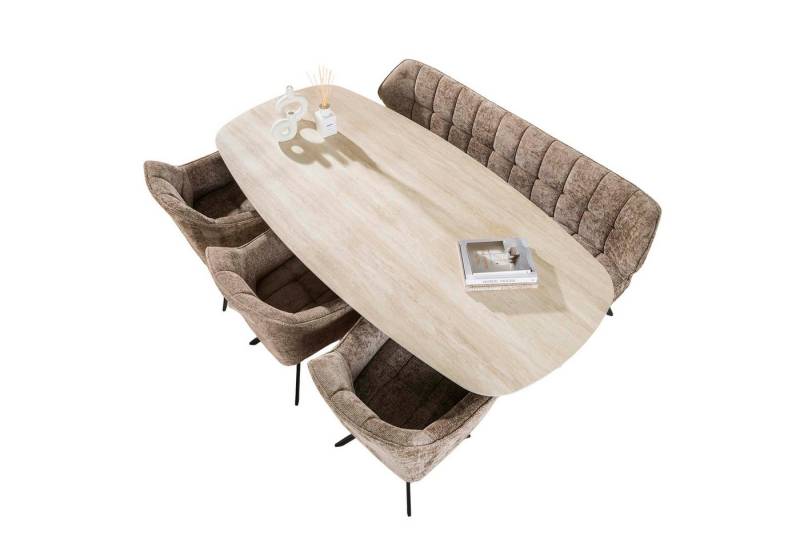 LEVEN Lifestyle Essgruppe RIGO Sitzgruppe 5 tlg. TOPSELLER weicher Chenille Stoff gepolstert, bestehend aus 1 Tisch oval 215 cm + 1 Bank + 3 Armlehnsessel drehbar von LEVEN Lifestyle