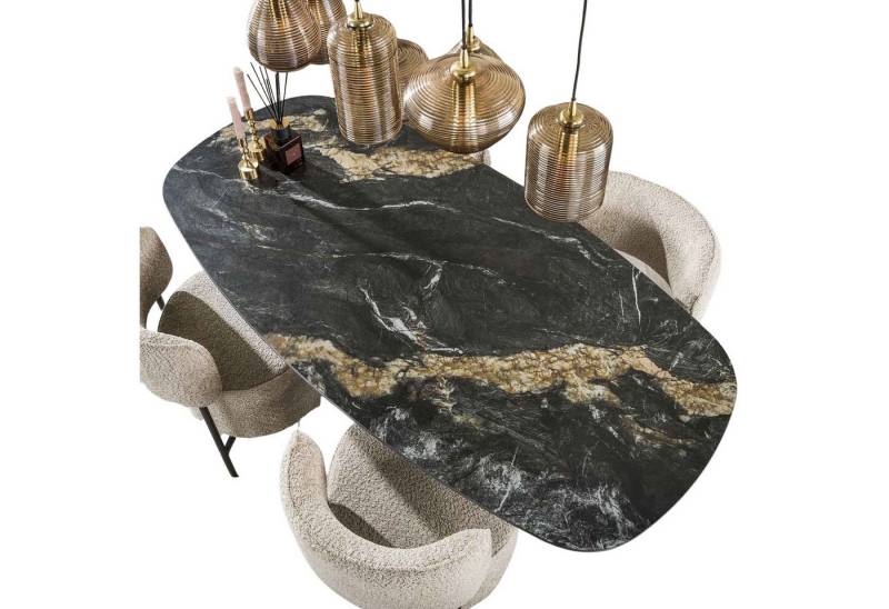 LEVEN Lifestyle Esstisch Esszimmertisch oval Tischplatte Keramik schwarz Fossil 180 x 90 cm, Keramikplatte in grauer Natursteinoptik mit weißen und goldenen Adern von LEVEN Lifestyle