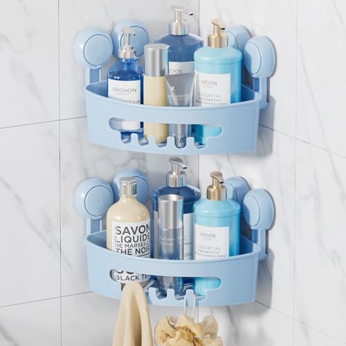 LEVERLOC Duschablage Saugnapf 2 Stück Badregal Duschkorb ohne Bohren Max Hold 10 KG Bad Duschablage für Shampoo Conditioner Halter Duschkorb Kunststoff für Badezimmer Küche Organizer - Blau von LEVERLOC