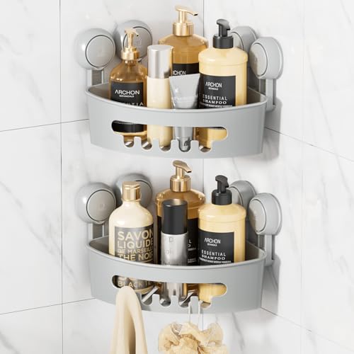 LEVERLOC Duschablage Saugnapf 2 Stück Badregal Duschkorb ohne Bohren Max Hold 10 KG Bad Duschablage für Shampoo Conditioner Halter Duschkorb Kunststoff für Badezimmer Küche Organizer - Grau von LEVERLOC