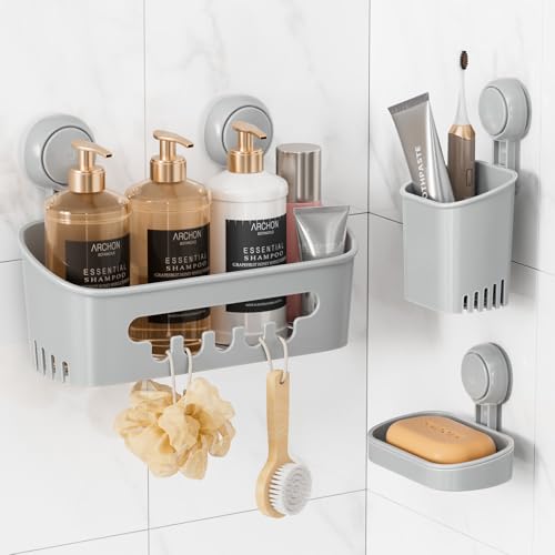 LEVERLOC Duschablage Saugnapf & Seifenschale & Zahnbürstenhalter 3er-Pack Duschregal ohne Bohren Abnehmbarer Badezimmer Organizer-Set Duschkorb Saugnapf für Bad Küche, Grau von LEVERLOC
