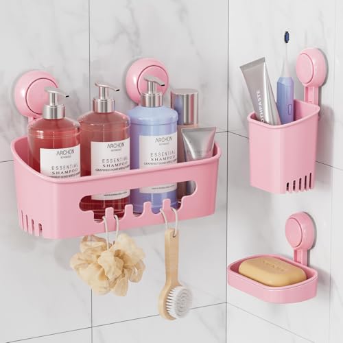 LEVERLOC Duschablage Saugnapf & Seifenschale & Zahnbürstenhalter 3er-Pack Duschregal ohne Bohren Abnehmbarer Badezimmer Organizer-Set Duschkorb Saugnapf für Bad Küche, Rosa von LEVERLOC