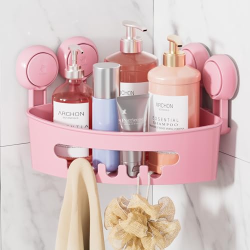 LEVERLOC Ecke Duschablage Saugnapf ohne Bohren Duschorganizer Duschregal Saugnäpfe Duschgel Halterung Abnehmbar Belastbarkeit 10 KG Wasserdicht Badregal mit Saugnapf für Shampoo und Duschgel - Rosa von LEVERLOC