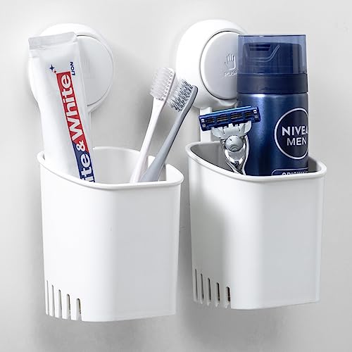 LEVERLOC Zahnbürstenhalter Saugnapf Wandmontage, 2 Packungen Duschzahnbürstenhalter für das Badezimmer Bohrerfreier elektrischer Zahnbürsten, Zahnpasta und Rasierklingenhalter Abnehmbar für die Küche von TAILI
