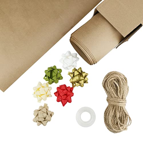 LEVIATAN Geschenkverpackungsset 10 Blatt (1050x1260mm) Kraftgeschenkpapier mit Jutegarn 50m 6 Stück selbstklebende Geschenkschleifen Klebeband hilfreiche Anleitung zum Einpacken von Geschenken von Leviatan