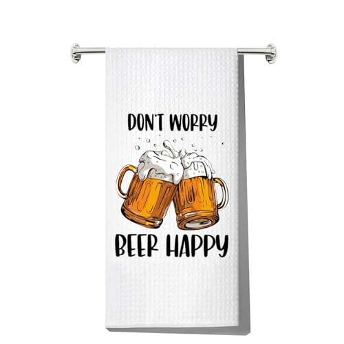 LEVLO Lustiges Bier-Küchentuch, Grill- und Bierliebhaber-Geschenk, Aufschrift "Don't Worry Beer Happy Oktoberfest", Geschirrtuch, Einweihungsgeschenk (Bier Happy Towel) von LEVLO