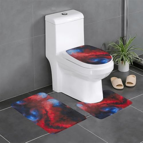3-teiliges Badezimmerteppich-Set, Badematte, U-förmiger Toilettenvorleger, O-förmiger Deckelbezug, Rot / Blau von LEVNDIEJ