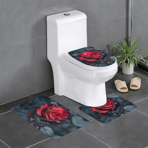 3-teiliges Badezimmerteppich-Set, Badematte, U-förmiger Toilettenvorleger, O-förmiger Deckelbezug, Rot und Schwarz von LEVNDIEJ