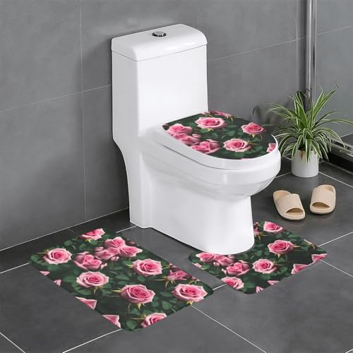 3-teiliges Badezimmerteppich-Set, Badematte, U-förmiger Toilettenvorleger, O-förmiger Deckelbezug mit rosa Rosen 3-teiliges Badezimmerteppich-Set, Badematte, U-förmiger Toilettenvorleger, O-förmiger Deckelbezug mit rosa Rosen von LEVNDIEJ