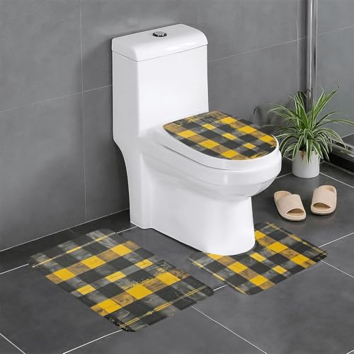 3-teiliges Badezimmerteppich-Set, Badteppich, Badezimmermatten, U-förmiger WC-Vorleger, O-förmiger Deckelbezug, Gelb / Grau / Schwarz von LEVNDIEJ