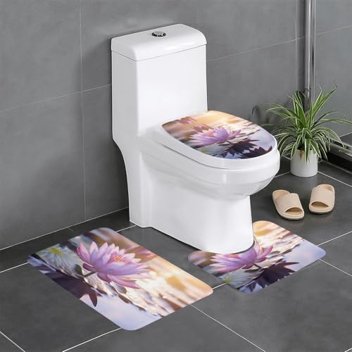 3-teiliges Badezimmerteppich-Set, Lotusblüte, violett, bedruckt, Badteppiche, Badezimmermatten, U-förmiger WC-Vorleger, O-förmiger Deckelbezug von LEVNDIEJ