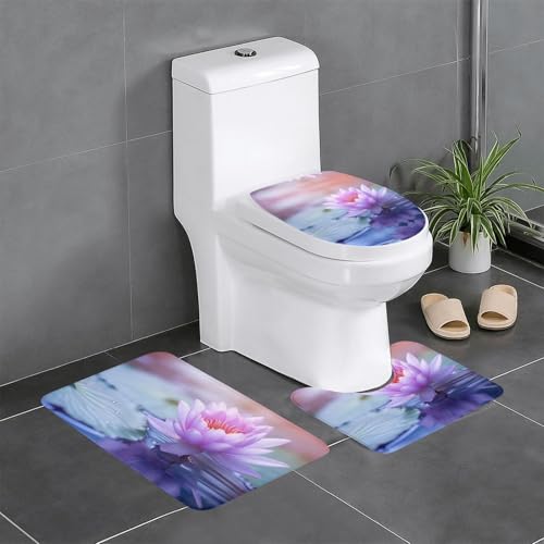 3-teiliges Badezimmerteppich-Set, Lotusblüte, violett, bedruckt, Badteppiche, Badezimmermatten, U-förmiger WC-Vorleger, O-förmiger Deckelbezug von LEVNDIEJ
