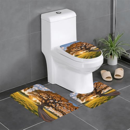 3-teiliges Badezimmerteppich-Set, Motiv: Baum bei goldenem Sonnenuntergang, Badteppiche, Badezimmermatten, U-förmiger Toilettenvorleger, O-förmiger Deckelbezug von LEVNDIEJ