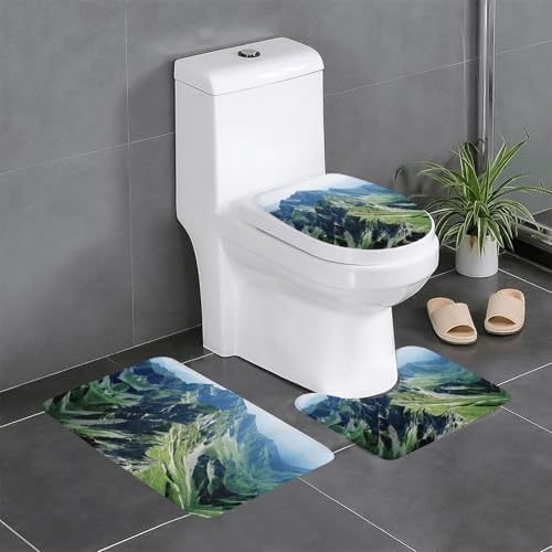 3-teiliges Badezimmerteppich-Set, Motiv: Berg, sonniger Himmel, Badematte, U-förmiger Toilettenvorleger, O-förmiger Deckelbezug von LEVNDIEJ