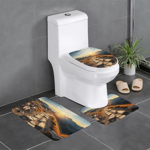 3-teiliges Badezimmerteppich-Set, Motiv: Berg bei Sonnenaufgang, Badteppiche, Badezimmermatten, U-förmiger WC-Vorleger, O-förmiger Deckelbezug von LEVNDIEJ