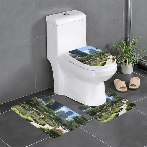 3-teiliges Badezimmerteppich-Set, Motiv: Blumen, Grüne Pflanzen, Stadtleben, Badematten, U-förmige WC-Vorleger, O-förmiger Deckelbezug von LEVNDIEJ