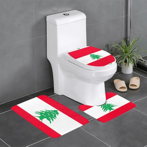 3-teiliges Badezimmerteppich-Set, Motiv: Flagge des Libanon, Badteppiche, Badezimmermatten, U-förmiger WC-Vorleger, O-förmiger Deckelbezug von LEVNDIEJ