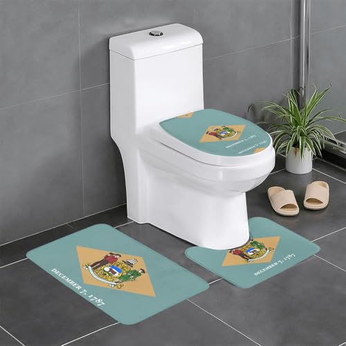 3-teiliges Badezimmerteppich-Set, Motiv: Flagge von Delaware, Badteppiche, Badezimmermatten, U-förmiger WC-Vorleger, O-förmiger Deckelbezug von LEVNDIEJ