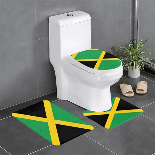 3-teiliges Badezimmerteppich-Set, Motiv: Flagge von Jamaika, Badteppiche, Badezimmermatten, U-förmiger WC-Vorleger, O-förmiger Deckelbezug von LEVNDIEJ