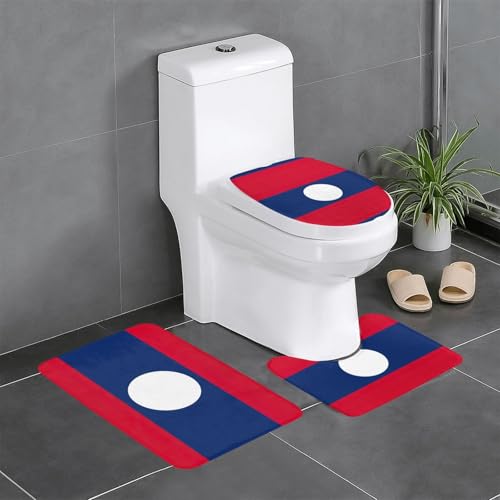 3-teiliges Badezimmerteppich-Set, Motiv: Flagge von Laos, Badteppiche, Badezimmermatten, U-förmiger WC-Vorleger, O-förmiger Deckelbezug von LEVNDIEJ