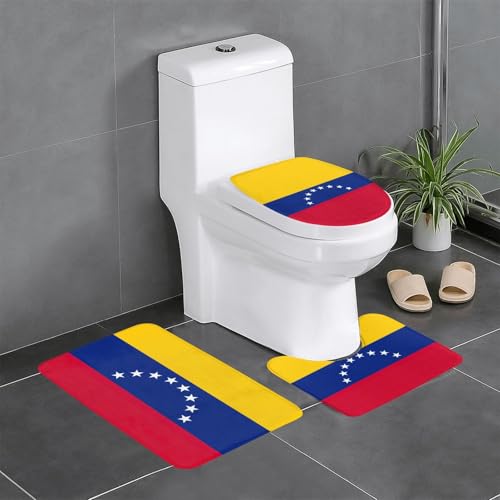 3-teiliges Badezimmerteppich-Set, Motiv: Flagge von Venezuela, Badteppiche, Badezimmermatten, U-förmiger WC-Vorleger, O-förmiger Deckelbezug von LEVNDIEJ