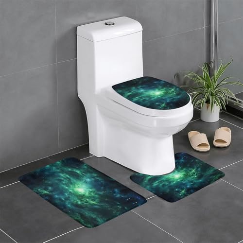 3-teiliges Badezimmerteppich-Set, Motiv: Galaxie, grüner Druck, Badteppich, Badezimmermatten, U-förmiger Toilettenvorleger, O-förmiger Deckelbezug von LEVNDIEJ
