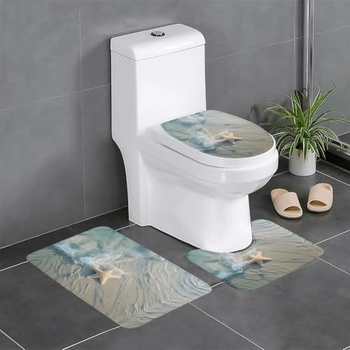 3-teiliges Badezimmerteppich-Set, Motiv: Ozean, Seestern, Badematte, U-förmiger Toilettenvorleger, O-förmiger Deckelbezug von LEVNDIEJ
