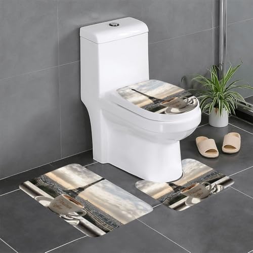 3-teiliges Badezimmerteppich-Set, Motiv: Pariser Kaffee-Eiffelturm02, Badteppich, Badezimmermatten, U-förmiger Toilettenvorleger, O-förmiger Deckelbezug von LEVNDIEJ