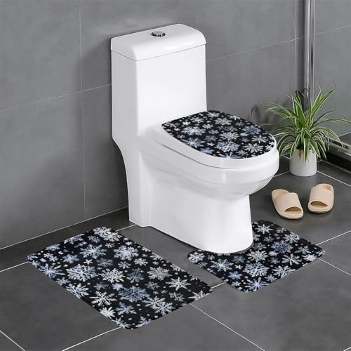 3-teiliges Badezimmerteppich-Set, Schneemann, Sterne und Schneeflocken, Badematte, U-förmiger WC-Vorleger, O-förmiger Deckelbezug von LEVNDIEJ