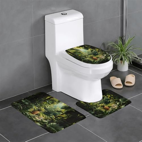 3-teiliges Badezimmerteppich-Set mit Ananasgrünem Druck, Badteppiche, Badezimmermatten, U-förmiger WC-Vorleger, O-förmiger Deckelbezug von LEVNDIEJ