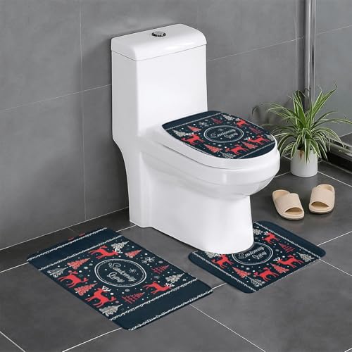 3-teiliges Badezimmerteppich-Set mit Aufschrift "Merry Christmas", Badematte, U-förmiger WC-Vorleger, O-förmiger Deckelbezug von LEVNDIEJ