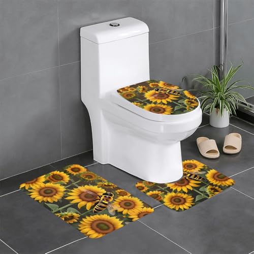 3-teiliges Badezimmerteppich-Set mit Bienen- und Sonnenblumen-Druck, Badteppiche, Badezimmermatten, U-förmiger Toilettenvorleger, O-förmiger Deckelbezug von LEVNDIEJ