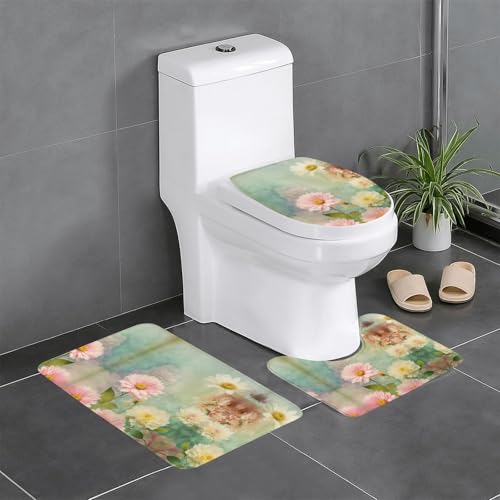 3-teiliges Badezimmerteppich-Set mit Blumen- und Gänseblümchen-Druck, Badteppich-Set, Badezimmermatten, U-förmiger WC-Vorleger, O-förmiger Deckelbezug 3-teiliges Badezimmerteppich-Set mit Blumen- und Gänseblümchen-Druck, Badteppich-Set, Badezimmermatten, U-förmiger WC-Vorleger, O-förmiger Deckelbezug von LEVNDIEJ