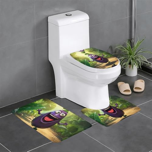3-teiliges Badezimmerteppich-Set mit Cartoon-Auberginen-Druck, Badteppiche, Badezimmermatten, U-förmiger WC-Vorleger, O-förmiger Deckelbezug 3-teiliges Badezimmerteppich-Set mit Cartoon-Auberginen-Druck, Badteppiche, Badezimmermatten, U-förmiger WC-Vorleger, O-förmiger Deckelbezug von LEVNDIEJ