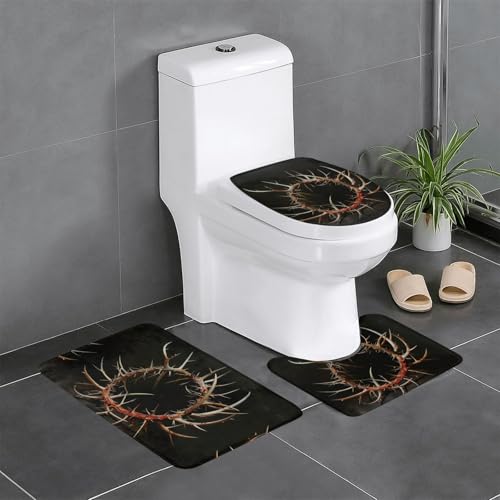 3-teiliges Badezimmerteppich-Set mit Dornenkronen-Aufdruck, Badteppiche, Badezimmermatten, U-förmiger WC-Vorleger, O-förmiger Deckelbezug von LEVNDIEJ