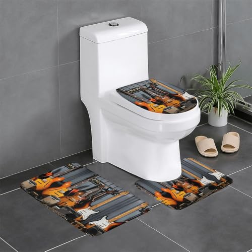 3-teiliges Badezimmerteppich-Set mit E-Gitarren-Druck, Badteppiche, Badezimmermatten, U-förmiger WC-Vorleger, O-förmiger Deckelbezug von LEVNDIEJ