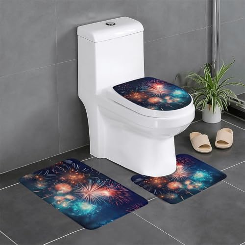 3-teiliges Badezimmerteppich-Set mit Feuerwerk-Druck, Badteppiche, Badezimmermatten, U-förmiger WC-Vorleger, O-förmiger Deckelbezug 3-teiliges Badezimmerteppich-Set mit Feuerwerk-Druck, Badteppiche, Badezimmermatten, U-förmiger WC-Vorleger, O-förmiger Deckelbezug von LEVNDIEJ