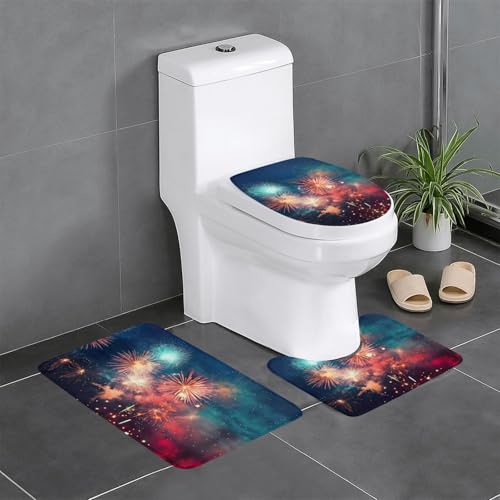 3-teiliges Badezimmerteppich-Set mit Feuerwerk-Druck, Badteppiche, Badezimmermatten, U-förmiger WC-Vorleger, O-förmiger Deckelbezug von LEVNDIEJ