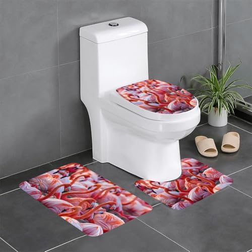 3-teiliges Badezimmerteppich-Set mit Flamingo-Druck, Badteppiche, Badezimmermatten, U-förmiger WC-Vorleger, O-förmiger Deckelbezug von LEVNDIEJ
