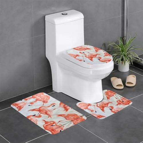 3-teiliges Badezimmerteppich-Set mit Flamingos auf weißem Druck, Badteppich, Badezimmermatten, U-förmiger Toilettenvorleger, O-förmiger Deckelbezug 3-teiliges Badezimmerteppich-Set mit Flamingos auf weißem Druck, Badteppich, Badezimmermatten, U-förmiger Toilettenvorleger, O-förmiger Deckelbezug von LEVNDIEJ