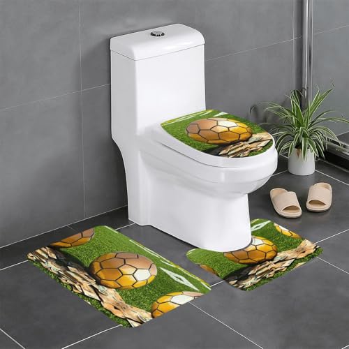 3-teiliges Badezimmerteppich-Set mit Fußball-Druck, Badteppiche, Badezimmermatten, U-förmiger WC-Vorleger, O-förmiger Deckelbezug von LEVNDIEJ