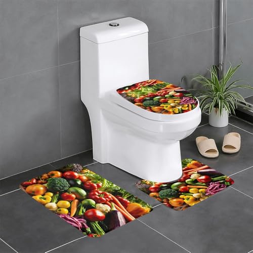 3-teiliges Badezimmerteppich-Set mit Gemüse- und Obst-Druck, Badteppiche, Badezimmermatten, U-förmiger WC-Vorleger, O-förmiger Deckelbezug von LEVNDIEJ
