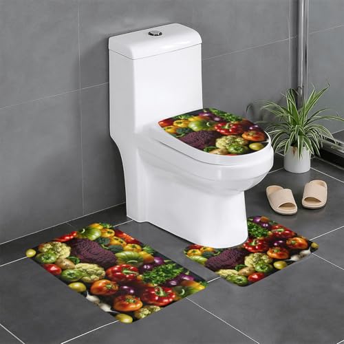 3-teiliges Badezimmerteppich-Set mit Gemüse- und Obst-Druck, Badteppiche, Badezimmermatten, U-förmiger WC-Vorleger, O-förmiger Deckelbezug 3-teiliges Badezimmerteppich-Set mit Gemüse- und Obst-Druck, Badteppiche, Badezimmermatten, U-förmiger WC-Vorleger, O-förmiger Deckelbezug von LEVNDIEJ