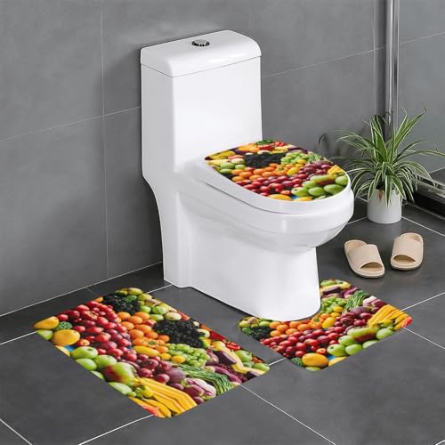 3-teiliges Badezimmerteppich-Set mit Gemüse- und Obst-Druck, Badteppiche, Badezimmermatten, U-förmiger WC-Vorleger, O-förmiger Deckelbezug von LEVNDIEJ