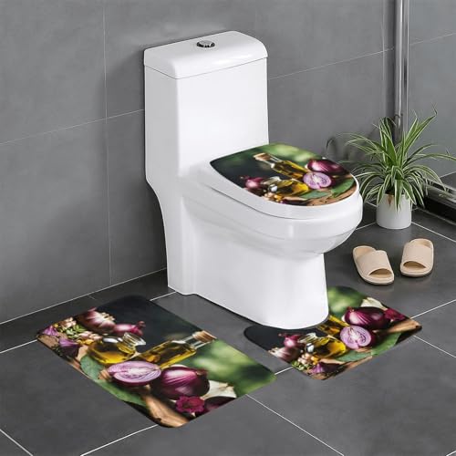 3-teiliges Badezimmerteppich-Set mit Gemüse- und Obst-Druck, Badteppiche, Badezimmermatten, U-förmiger WC-Vorleger, O-förmiger Deckelbezug von LEVNDIEJ